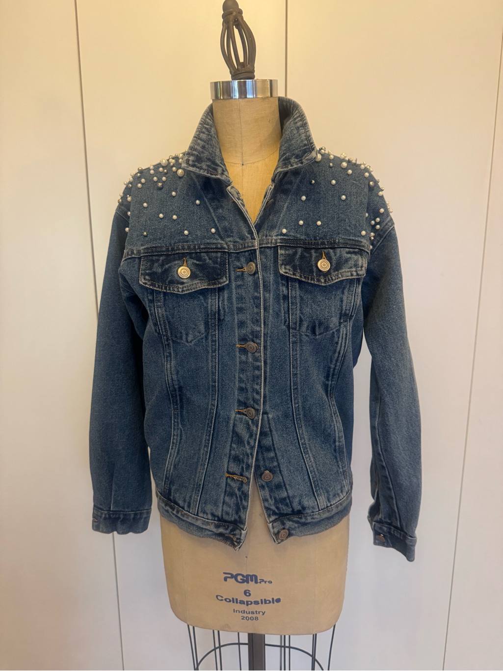 Pearl-Accent Dark Blue Denim Jacket For Women